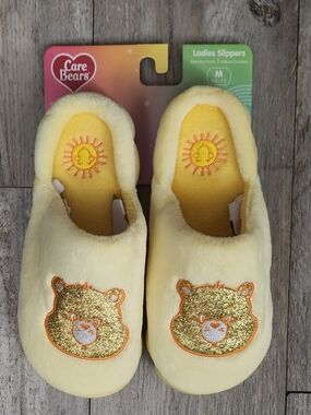Care Bears Yellow Plush Slippers with Gold Sunshine Bear Emblems